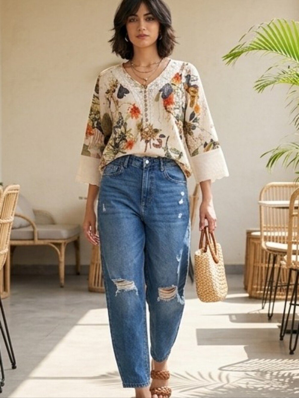 BOHEMIAN BREEZE Cotton & Linen Floral Leaf Tunic Top - Size Large (L)